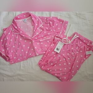 NEW Pink Crown & Ivy Belk Large womens 2pc pajama set Button Up Soft Polka Dot